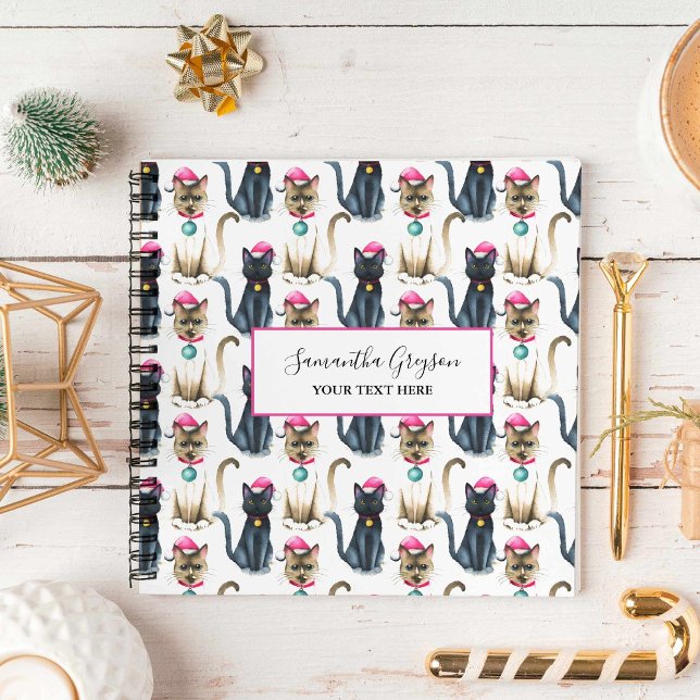 Watercolor Christmas Cats Personalised Notebook (Watercolor Christmas cats black and siamese art by Victoria Grigaliunas Do Tell A Belle)