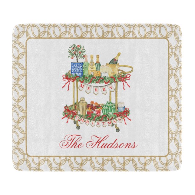 Watercolor Christmas Champagne Bar Cart Cutting Board (Front)