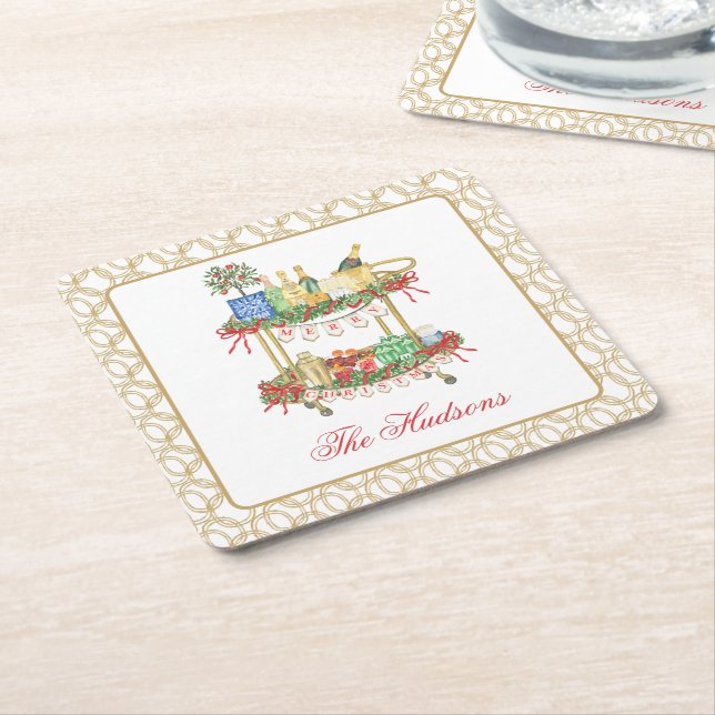 Watercolor Christmas Champagne Bar Cart Square Paper Coaster (Angled)