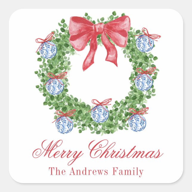 Watercolor Christmas Chinoiserie Ornament Wreath Square Sticker (Front)