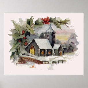 Watercolor Christmas Church scene Poster