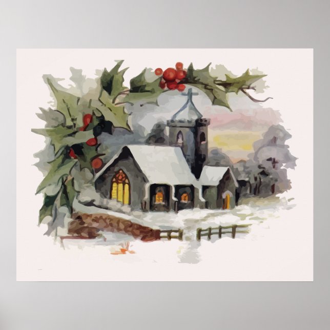 Watercolor Christmas Church scene Poster (Front)