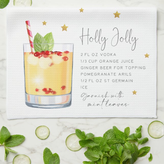 Watercolor Christmas Cocktail Holly Jolly Recipe Tea Towel (Folded)