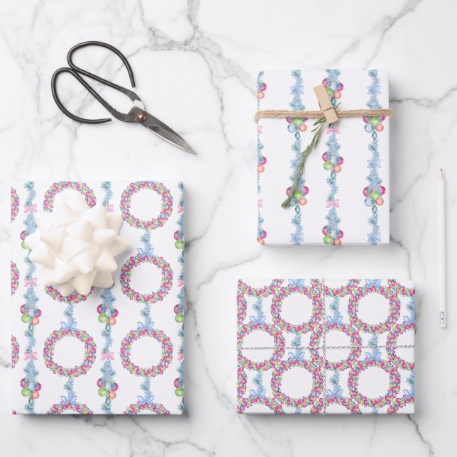 Watercolor Christmas Colourful Baubles Wreaths Wrapping Paper Sheet (Front)