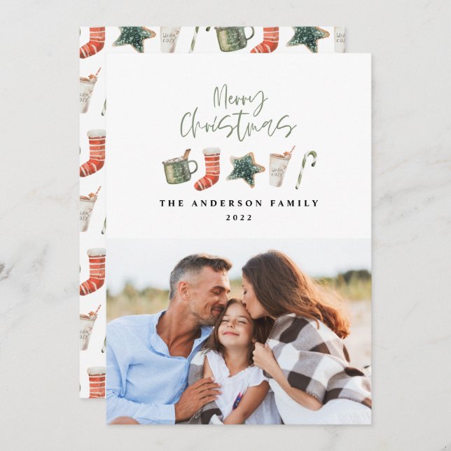 Watercolor Christmas cookie 1 photo candy cane Holiday Card (Front/Back)