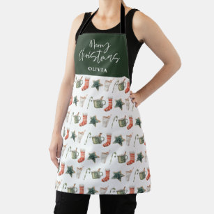 Watercolor Christmas cookie drinks candy cane Apro Apron