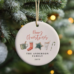 Watercolor Christmas cookie drinks candy cane  Ceramic Ornament