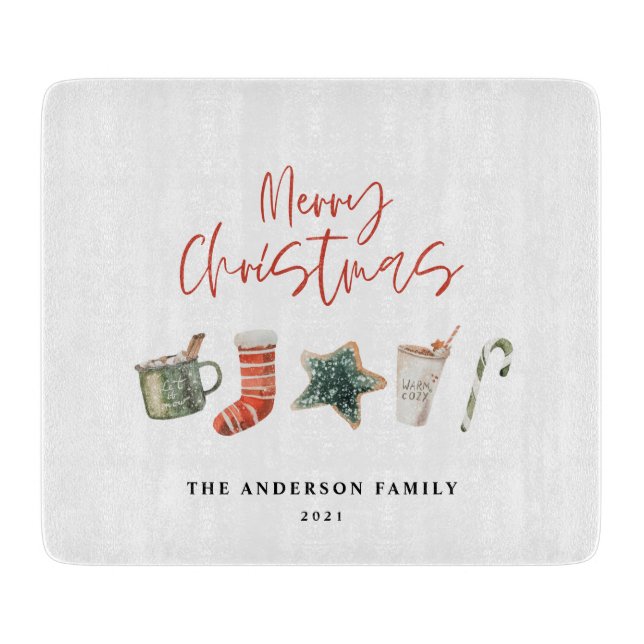 Watercolor Christmas cookie drinks candy cane  Cutting Board (Front)