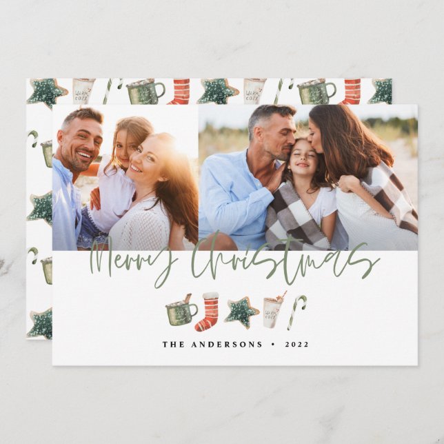 Watercolor Christmas cookie drinks candy cane Holi Holiday Card (Front/Back)