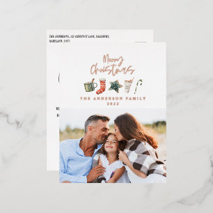 Watercolor Christmas cookie drinks candy one photo Foil Holiday Postcard