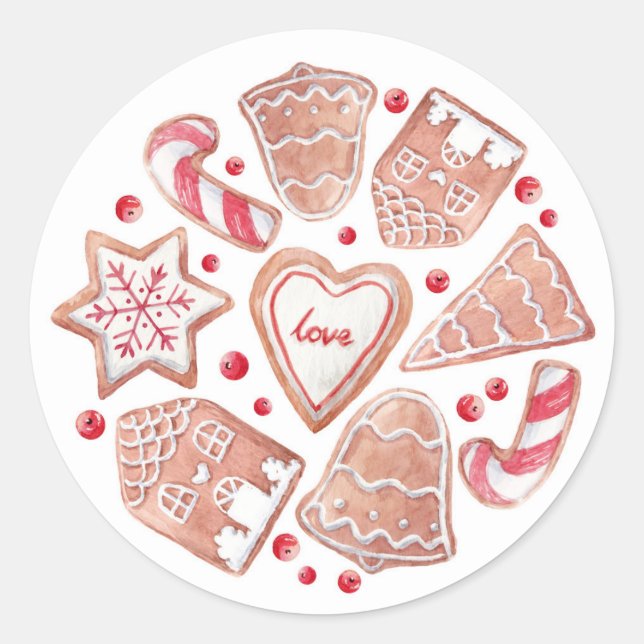 Watercolor Christmas Cookies Pattern Holiday Classic Round Sticker (Front)