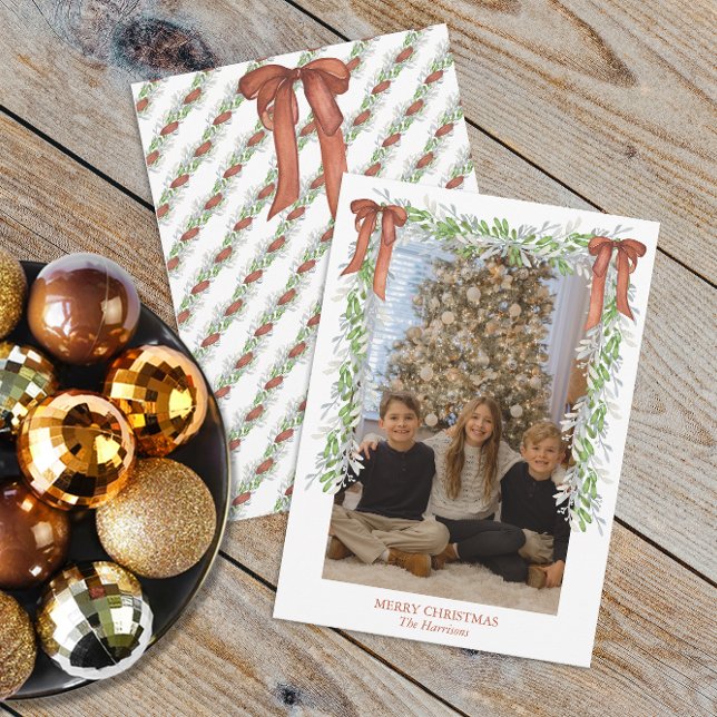 Watercolor Christmas Copper Bow Garland Holiday Card (Watercolor Copper Christmas Bow Garland Cards)