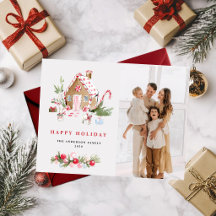 Watercolor Christmas Cottage Family Photo Holiday