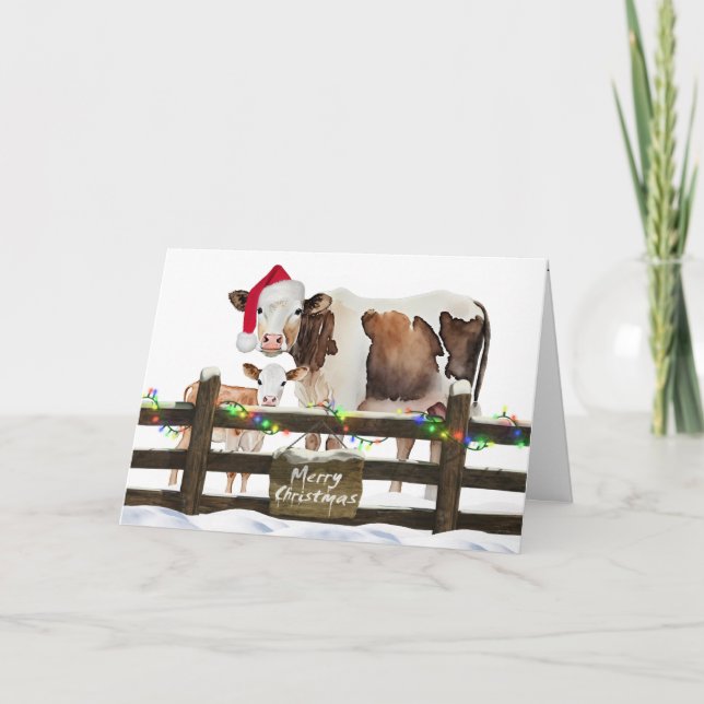 Watercolor Christmas Cows With Hat Holiday Card (Front)