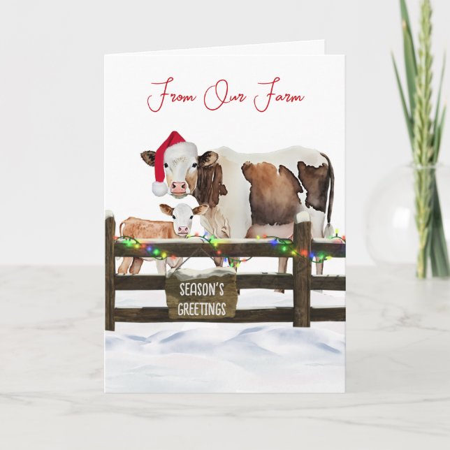 Watercolor Christmas Cows With Santa Hat Holiday Card (Front)