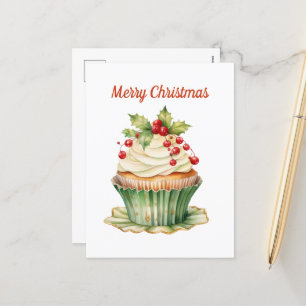 Watercolor Christmas cupcake add text Holiday Postcard