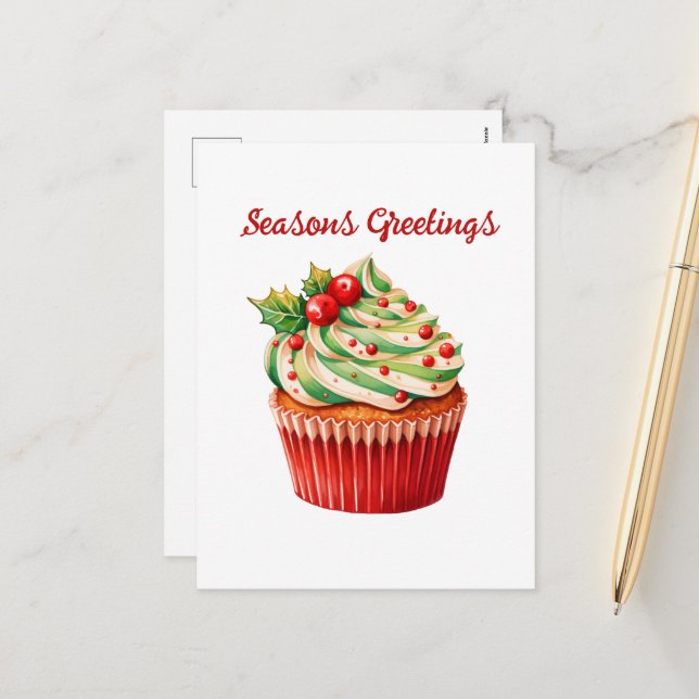Watercolor Christmas cupcake add text Holiday  Postcard (Front/Back In Situ)