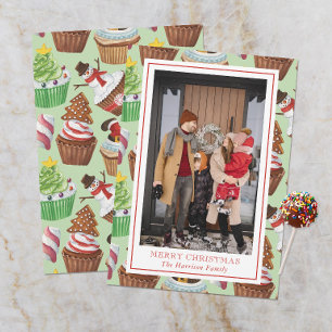 Watercolor Christmas Cupcakes Photo Holiday Card