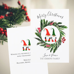 Watercolor Christmas Cute Gnomes Wreath Holiday Card