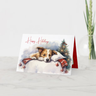 Watercolor Christmas Dog On Pillow Card