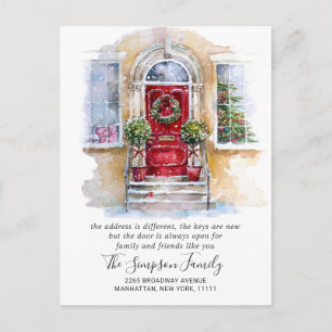 Watercolor Christmas Door  Moving Announcement Postcard