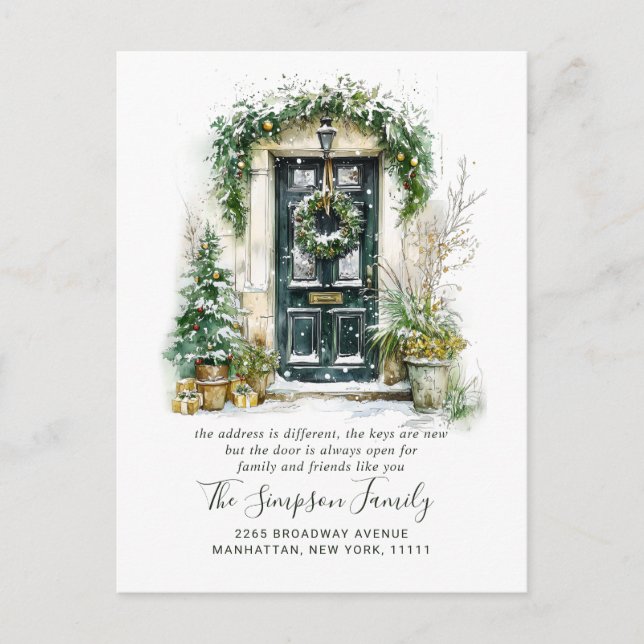 Watercolor Christmas Door  Moving Announcement Postcard (Front)