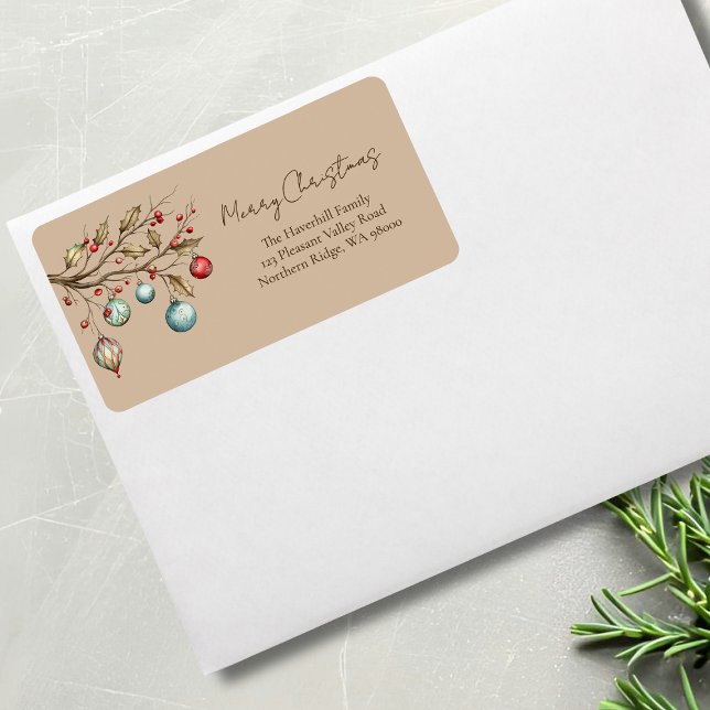Watercolor Christmas Elegant Script   Label (Watercolor ornaments return address label with beige background color.)