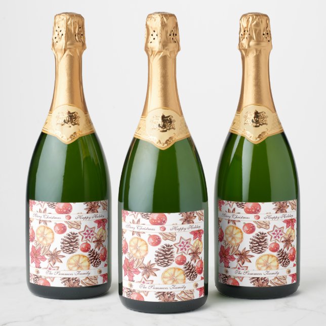 Watercolor Christmas Elements Seamless Pattern Sparkling Wine Label (Bottles)