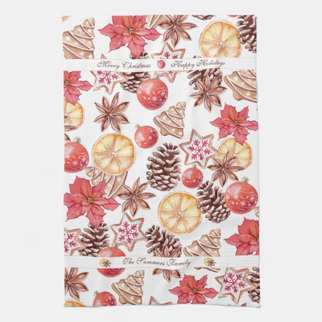 Watercolor Christmas Elements Seamless Pattern Tea Towel (Vertical)