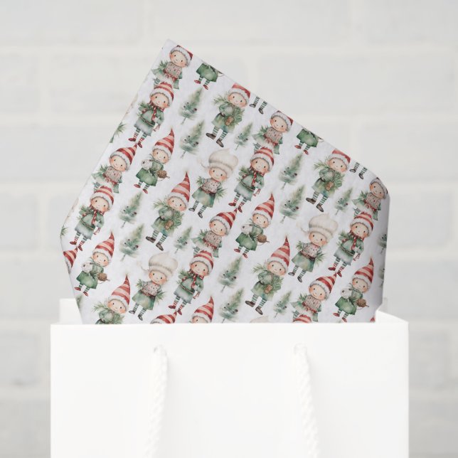 Watercolor Christmas elf tiled  Tissue Paper (Gift Bag)