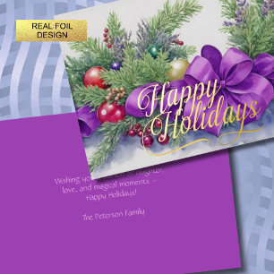 Watercolor Christmas Evergreen Ribbon Purple Red Foil Holiday Card
