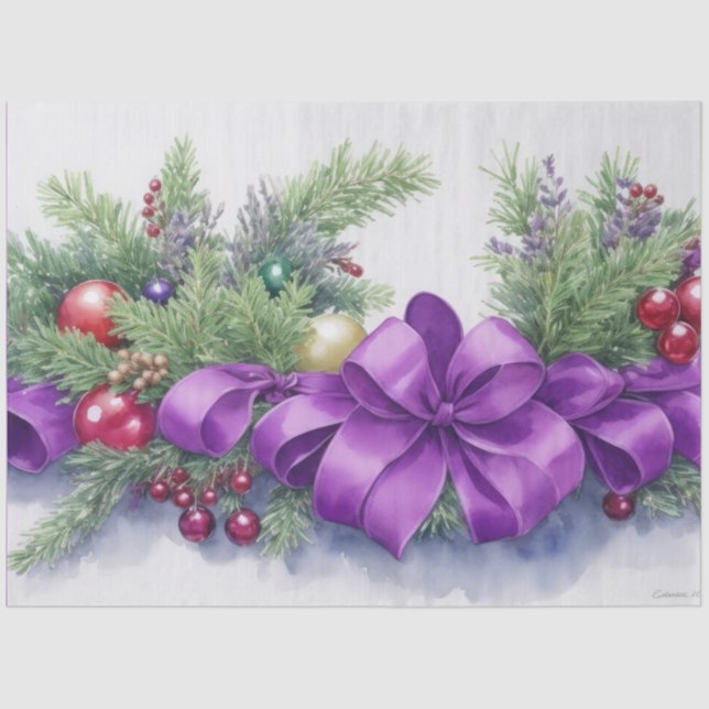 Watercolor Christmas Evergreen Ribbon Purple Red Tissue Paper (Front)