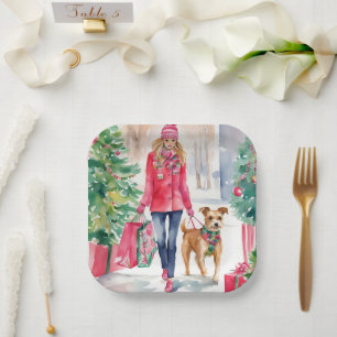 Watercolor Christmas Fashion Shopping Girl Paper Plate
