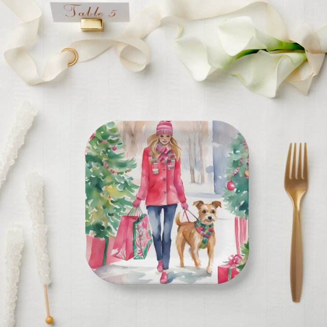 Watercolor Christmas Fashion Shopping Girl Paper Plate (Wedding)