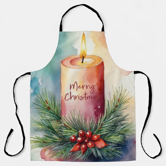 Watercolor Christmas Festive Candle Illustration  Apron (Front)