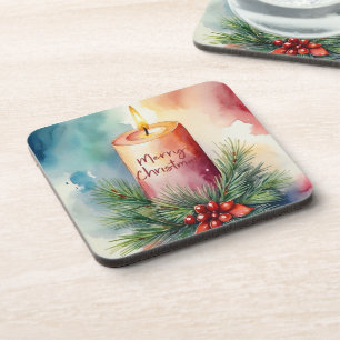 Watercolor Christmas Festive Candle Illustration  Coaster