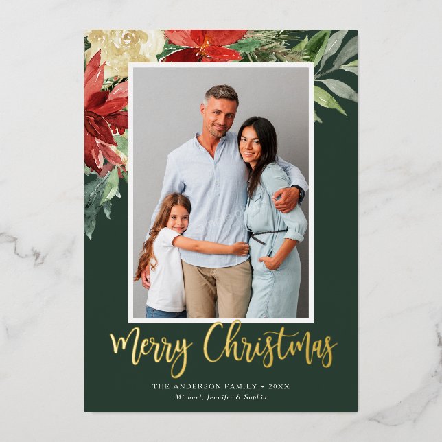 Watercolor Christmas Floral Green Photo Foil Holiday Card (Front)