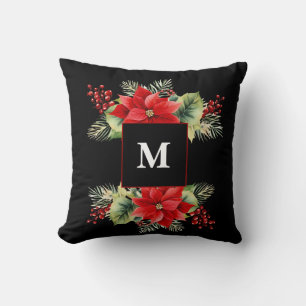 Watercolor Christmas Floral Monogram Cushion