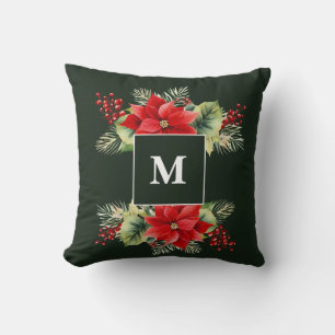 Watercolor Christmas Floral Monogram Cushion