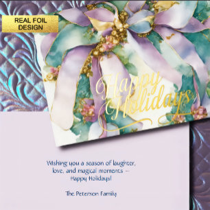 Watercolor Christmas Floral Ribbon Purple Teal Foil Holiday Card