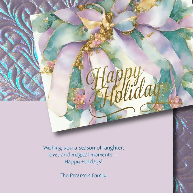 Watercolor Christmas Floral Ribbon Purple Teal Holiday Card (Creator Uploaded)