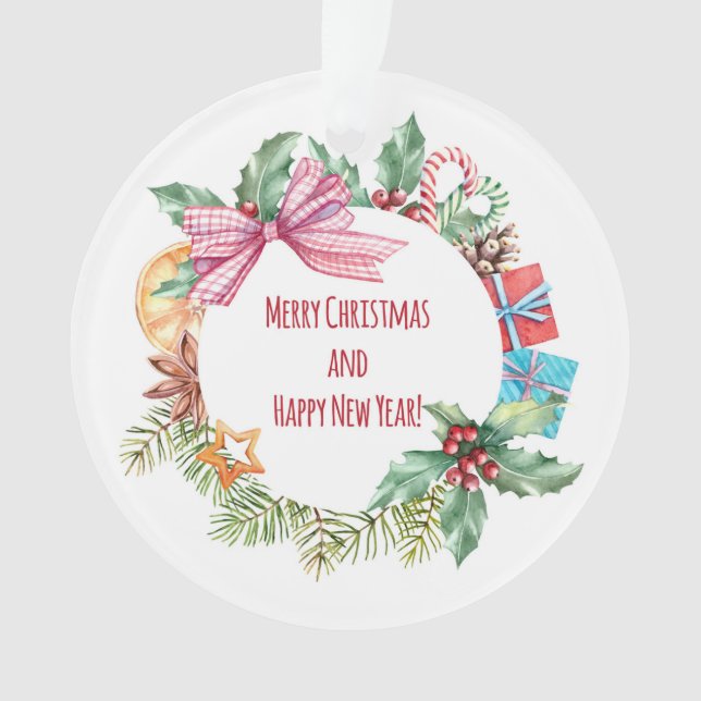 Watercolor Christmas Floral Wreath | Holidays Ornament (Front)