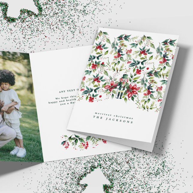 Watercolor Christmas Florals Nutcracker | Photo Holiday Card (Creator Uploaded)