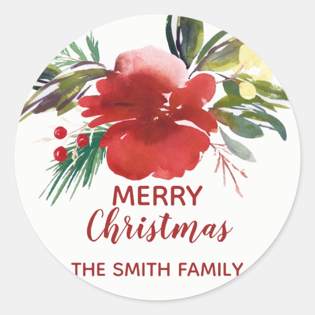 Watercolor Christmas Flowers Round Sticker (Front)