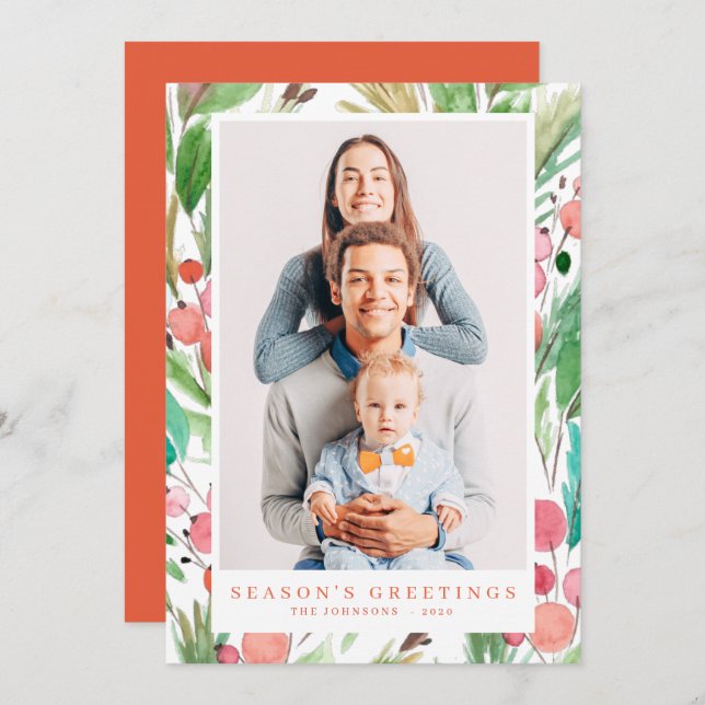 Watercolor Christmas Foliage Botanicals Modern Holiday Card (Front/Back)