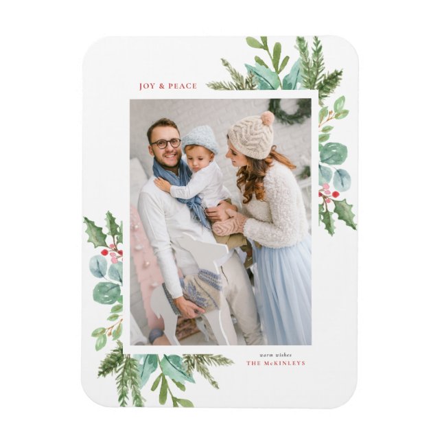 Watercolor Christmas Foliage Frame Holiday Photo Magnet (Vertical)