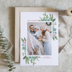 Watercolor Christmas Foliage Frame Photo Holiday Card