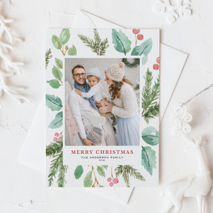 Watercolor Christmas Foliage & Holly Holiday Photo