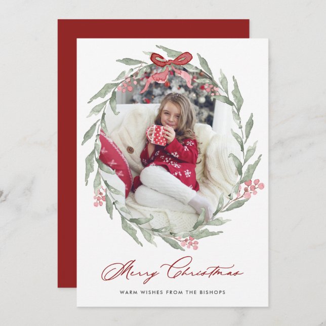 Watercolor Christmas Foliage Wreath Photo Holiday Card (Front/Back)