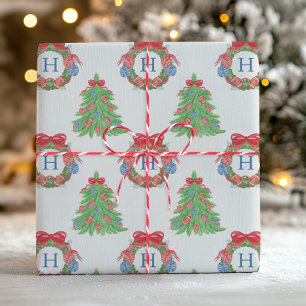 Watercolor Christmas Football Monogram Wreath Tree Wrapping Paper